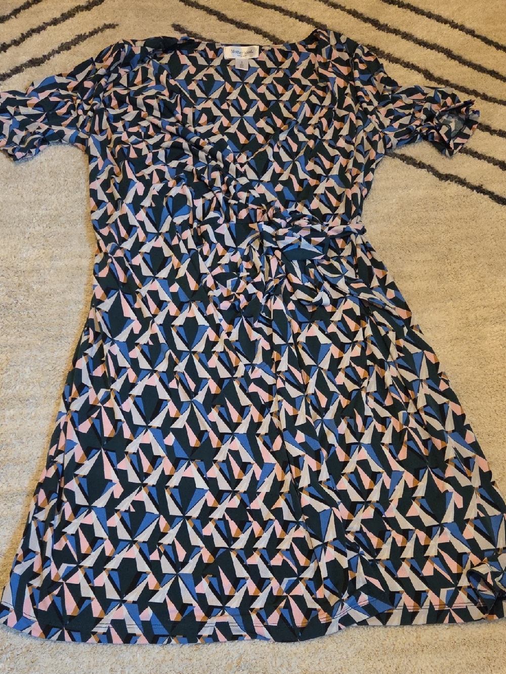 Motherhood Geometric Wrap Midi Dress in Navy and Pink
